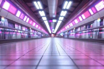Fototapeta premium Modern architecture interior with symmetrical design and neon lighting perspective