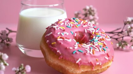 Pink glazed donut with sprinkles and milk, orbiting close-up, tilt, zoom, floral pastel scene - Powered by Adobe