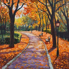 Autumn Park Pathway Covered with Orange Leaves