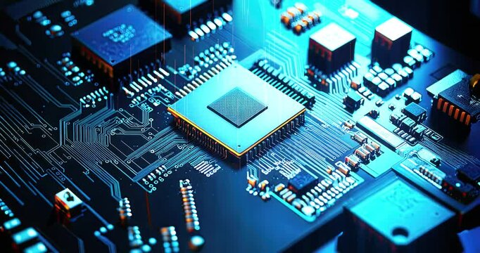 Circuit board with an electronic chip on top of it. The chip is the main focus. Computer and technology related background animation.