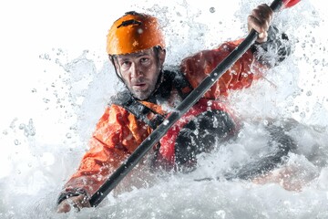Fototapeta premium Dynamic male kayaker navigating wild, frothy rapid with energetic splash on stark white backdrop.