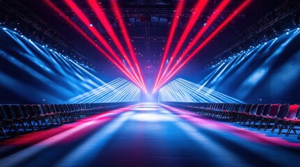 Fashion show runway illuminated by vibrant lights and laser beams.