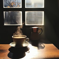  Early Morning Sunlight Casting Long Shadows on Minimalist Coffee Setup by Window
