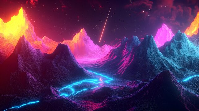 Abstract digital landscape made of wireframe hills and neon lights