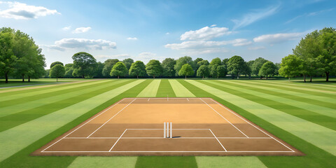 Cricket pitch green field background with blue sky and trees view
