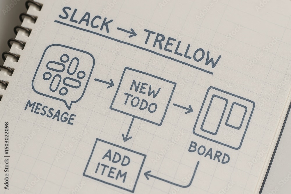 Poster workflow diagram illustrating integration between slack and trello for task management