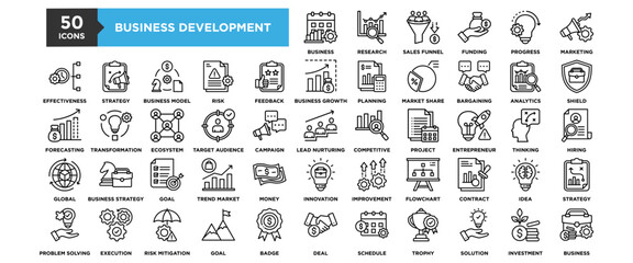 50 Business Development icon set. Containing design business, development, strategy, team, management, success