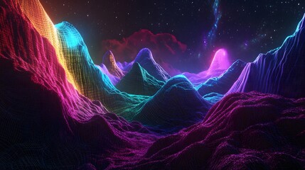 Abstract digital landscape made of wireframe hills and neon lights