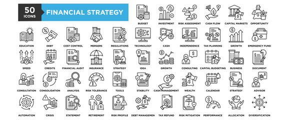 50 Financial Strategy icon set. Containing design strategy, financial, business, technology, growth, finance	