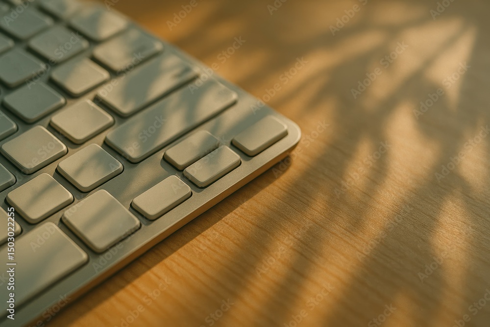 Aufkleber soft light and shadows on a computer keyboard with natural wood surface background