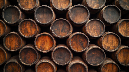 A wall of old wooden barrels stacked on shelves in the distillery, against a dark background.
