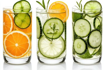 Assorted Citrus and Cucumber Infused Water in Glasses on White Background