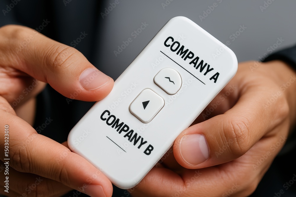 Poster hands holding remote switch with company a and company b buttons for decision making