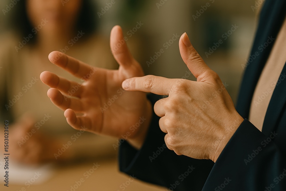 Poster man demonstrating gestures during a business meeting with colleague in out of focus background