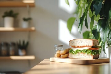 Healthy sandwich with fresh vegetables and potatoes on a wooden cutting board in sunlight