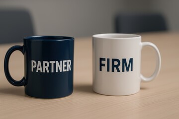 Coffee Mugs for Business Partnership with Words Partner and Firm on a Wooden Table Surface