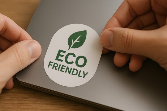 Eco Friendly Sticker Application on Laptop Surface for Sustainable Living Promotion