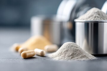 Nutritional Supplements: Protein Powder Piles and Capsules Presented on a Textured Surface