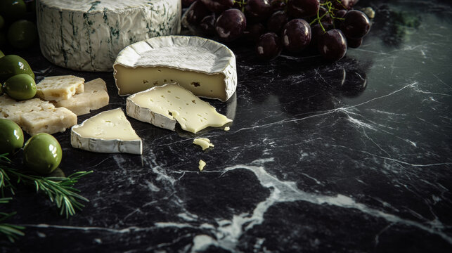Different types of cheeses, brie cheese, parmesan, dorblu cheese with olives and grapes on a textured gray background. with Copy space.
