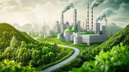 banner represent the ECO roadmap to reducing greenhouse gas emissions on a clean, new, modern factory .Isolated on pure white. 3d illustration.