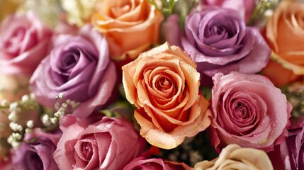 Obraz premium Close-up of vibrant orange and purple roses creating elegant floral background, showcasing diverse colors and delicate petal textures.
