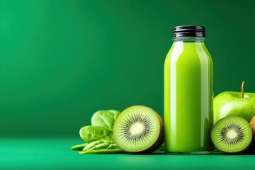Green Smoothie Beverage in Glass Bottle with Kiwi and Apple on Green