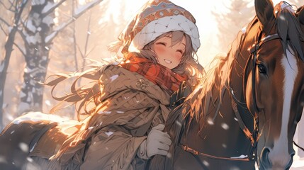 Anime Girl and Horse: Magical Winter Adventure in Cozy Anime Style Artwork