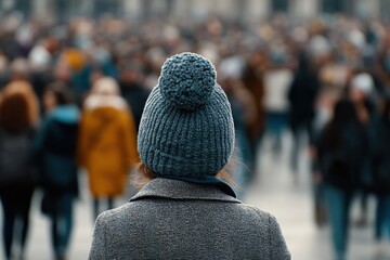 Rear View of a Woman in Beanie Walking in a Crowded Outdoor Area