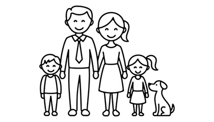 Happy Family Line Drawing with Parents Children and Dog Illustration