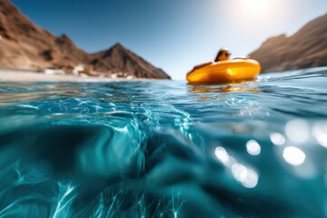 Person Floating on Yellow Inflatable in Ocean Water Near Shoreline