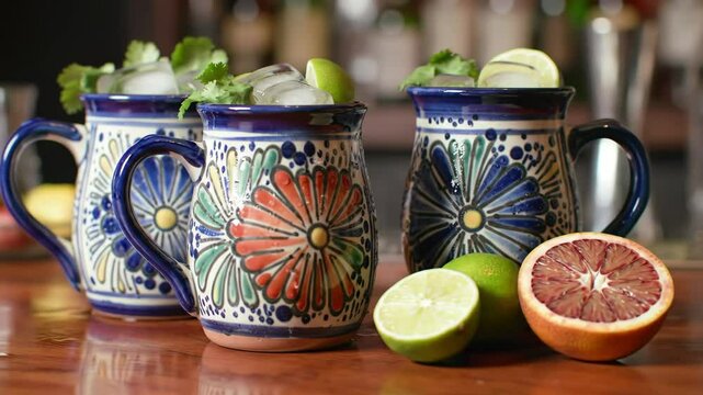 Cinematic orbit of vibrant Talavera mugs with citrus cocktails on rustic bar