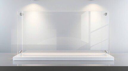 A clear acrylic display case with metal fasteners on a white base under bright lighting