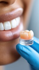 Close-up of a Black Woman's Smile with Dental Crown held by gloved hand