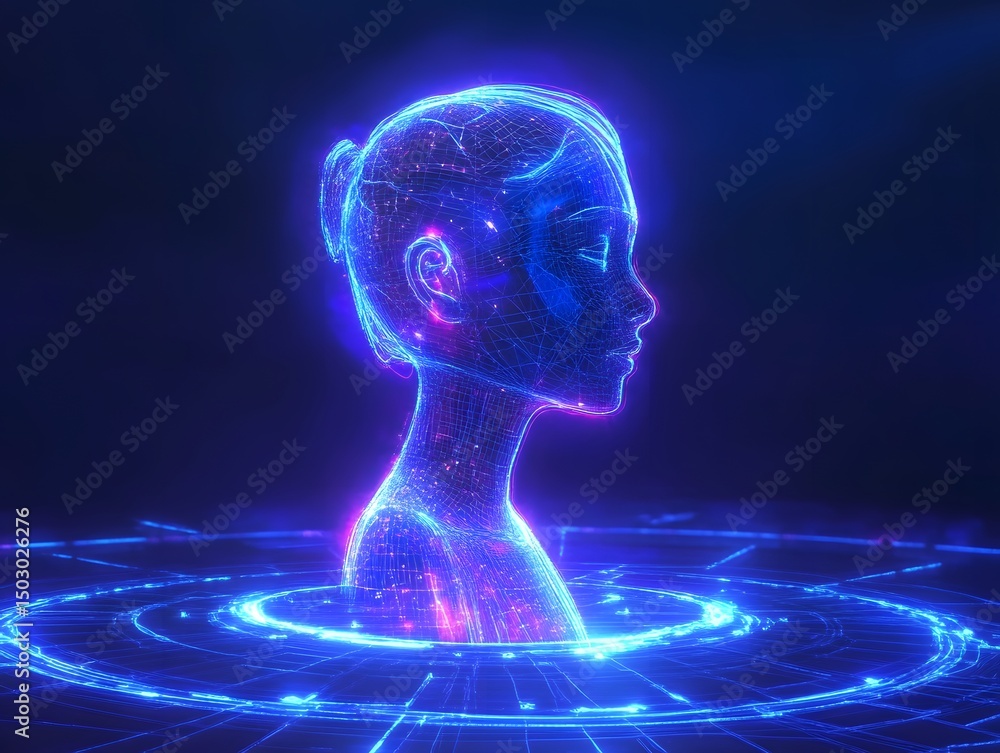 Poster a futuristic holographic rendering of a woman's face, set against a tech-inspired backdrop with radi