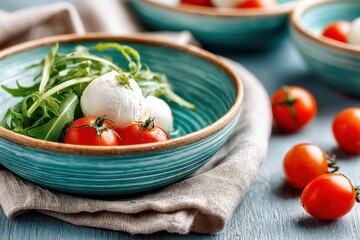 Caprese Salad with Mozzarella and Cherry Tomatoes in Blue Bowls