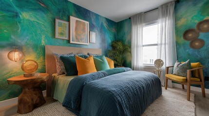 Bedroom with a large bed in the center. the bed has a blue comforter and several colorful throw pillows in shades of blue, orange, and yellow.