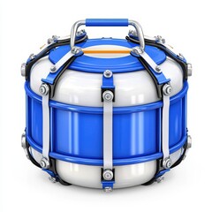 Blue and White Cylindrical Metal Container with Bolts and Bands