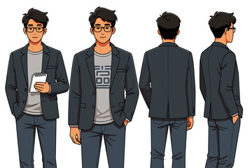 Asian man in his 30s, casual blazer over graphic tee, smart pants, digital notepad under arm, glasses, thoughtful expression
