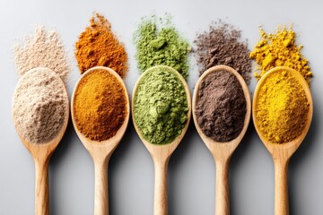 Assortment of Spices in Wooden Spoons on Gray Background