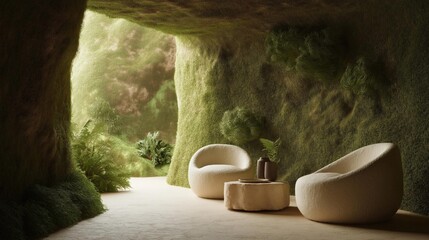 Room with a cave-like interior. the walls of the cave are covered in green moss and ferns, creating a natural and lush atmosphere.