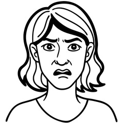 Young woman displaying an angry expression in a line art style  