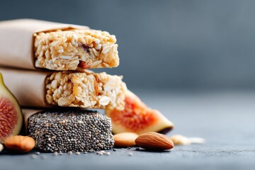 Stacked Granola Bars with Fig Slices and Almond on Gray Surface