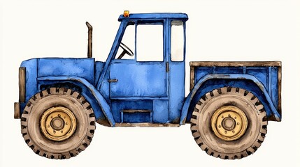 Blue Vintage Truck Watercolor Illustration with Mud Spatters