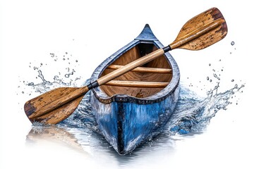 Blue Wooden Canoe with Paddle on Water Splashing Against White Background