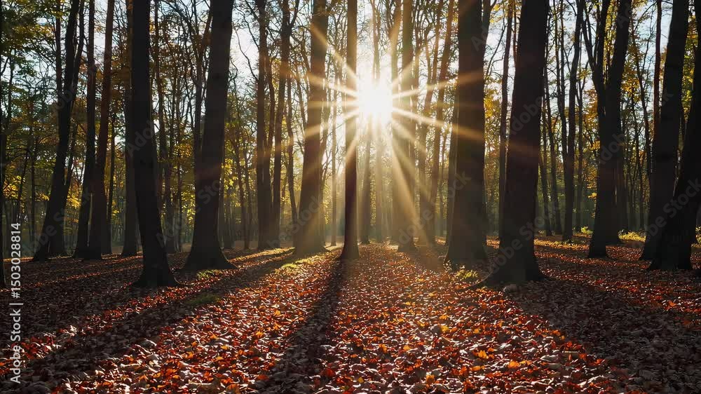 Poster sunlight filtering through autumn forest trees with dynamic light rays nature's tranquil morning