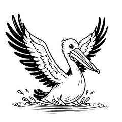 Pelican in Water: A Black and White Illustration
