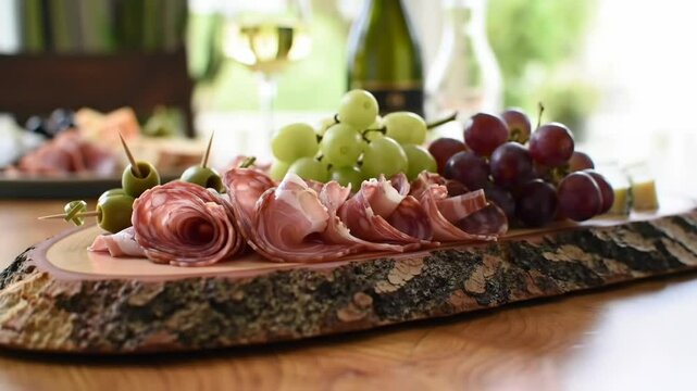 rustic charcuterie board close-up, orbiting camera, grapes, cured meats, bread, natural light, wooden table
