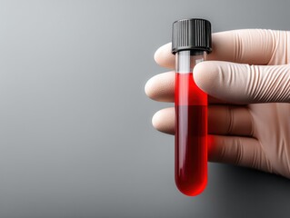 Gloved hand holding a test tube filled with red fluid for laboratory analysis