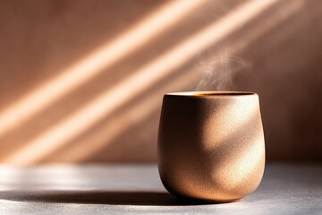 Hot Drink in a Beige Ceramic Cup with Steam Against a Wall with Sunlight