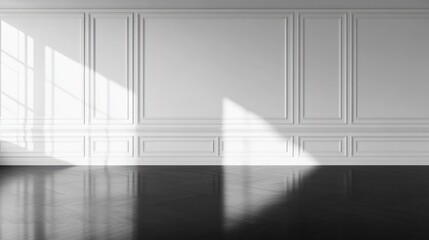 Obraz premium Empty room with paneled walls and sunlight casting shadows on the dark floor.
